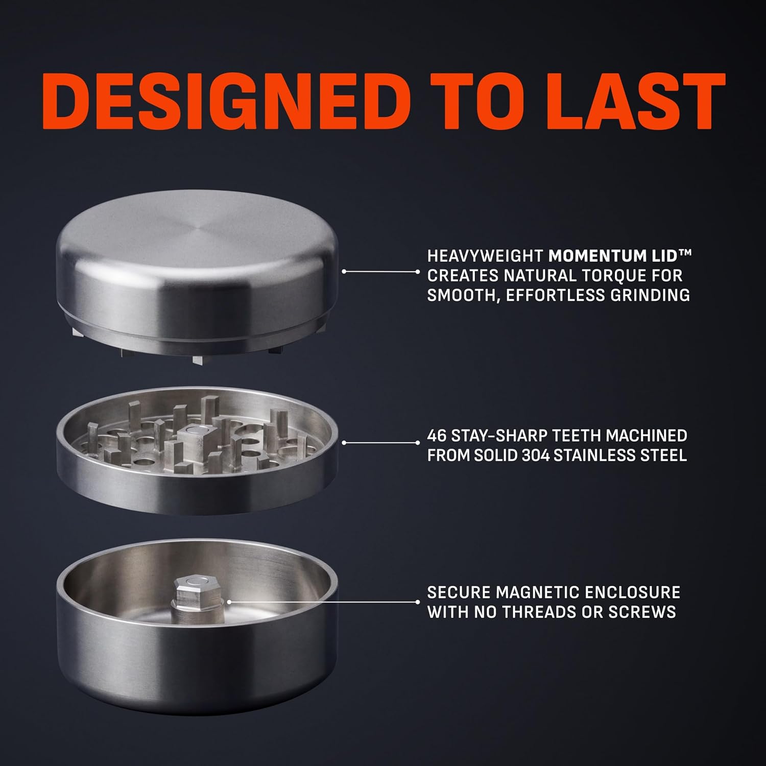 2.5 Inch Stainless Steel Herb Grinder, Manual 3 Piece Kitchen Grinder, Medium Coarse Grind