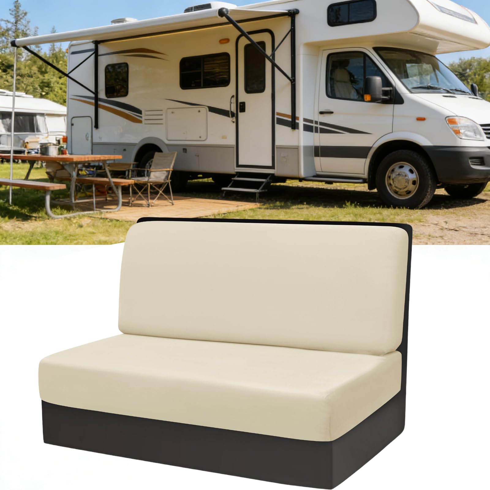 Copricuscini per Camper, 2 pezzi Elasticizzati Coprisedili Jacquard Copridivano per Camper RV Lavabile Fodere Cuscini Dinette per Caravan (Velluto, Beige)