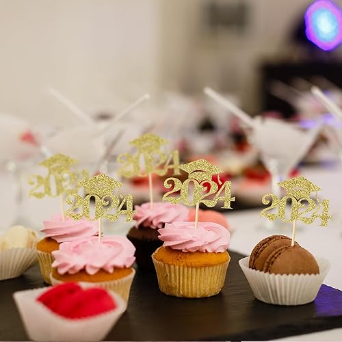 Miniatura 2 de 24 piezas 2024 tapas de graduación 2024 decoración para cupcakes con purpurina clase de 2024 para sombreros de graduación 2024 decoraciones de