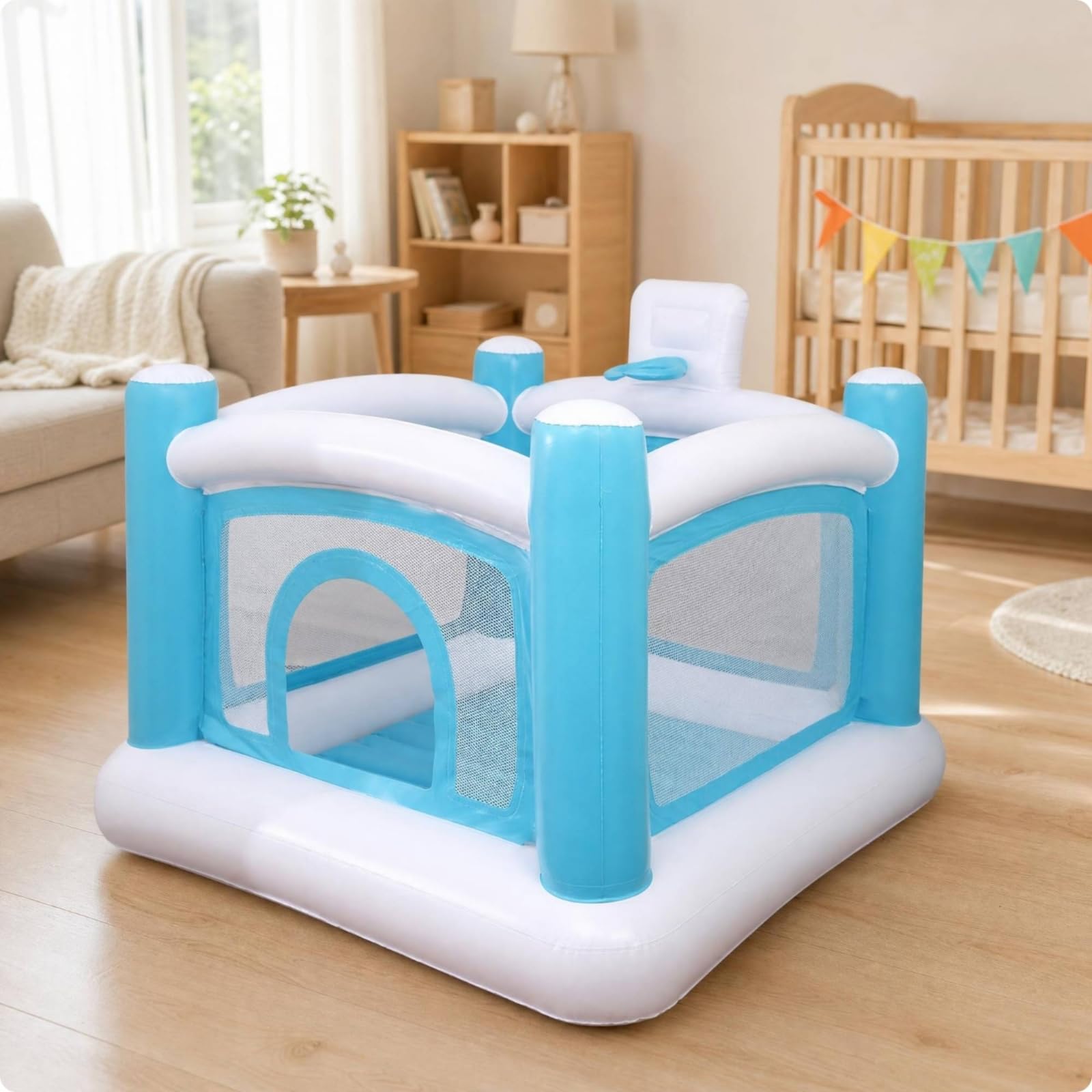 Cama Inflable Infantil Colchoneta Casa Hinchable Castillo Interior Parque de Brincos Panel Trasero con Aro Baloncesto Malla Lateral Ventilada PVC para
