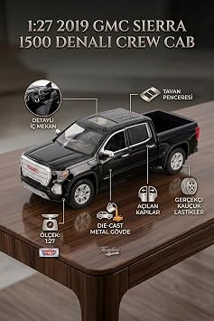 Motor Max 127 2019 GMC Sierra 1500 Denali Crew Cab Siyah Lisansl  Diecast Metal Model Araba
