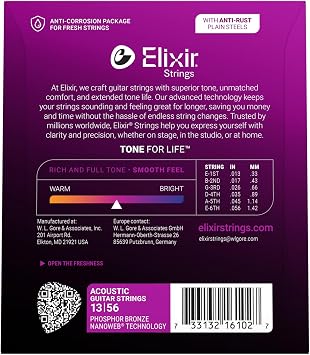 Elixir 16102 Strings Phosphor Bronze Acoustic Guitar Strings w NANOWEB Coating, Medium (.013-.056)