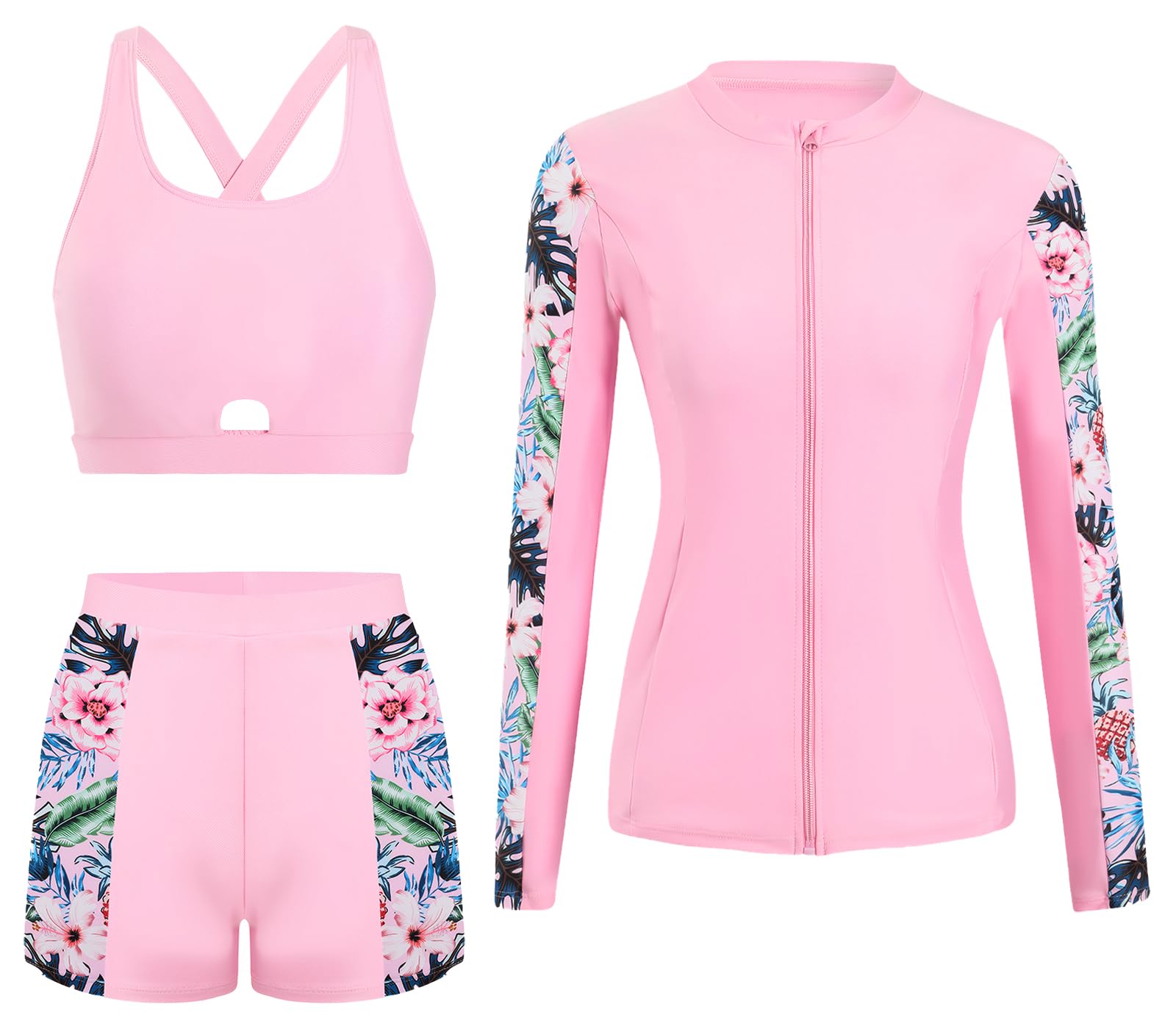 SEAUR 3-teiliger Rash Guard Damen Langarm Badeanzug Schwimmanzug Sonnenschutz Bademode Rashguard Shirts Bikinioberteil Badeshorts - S-XXL