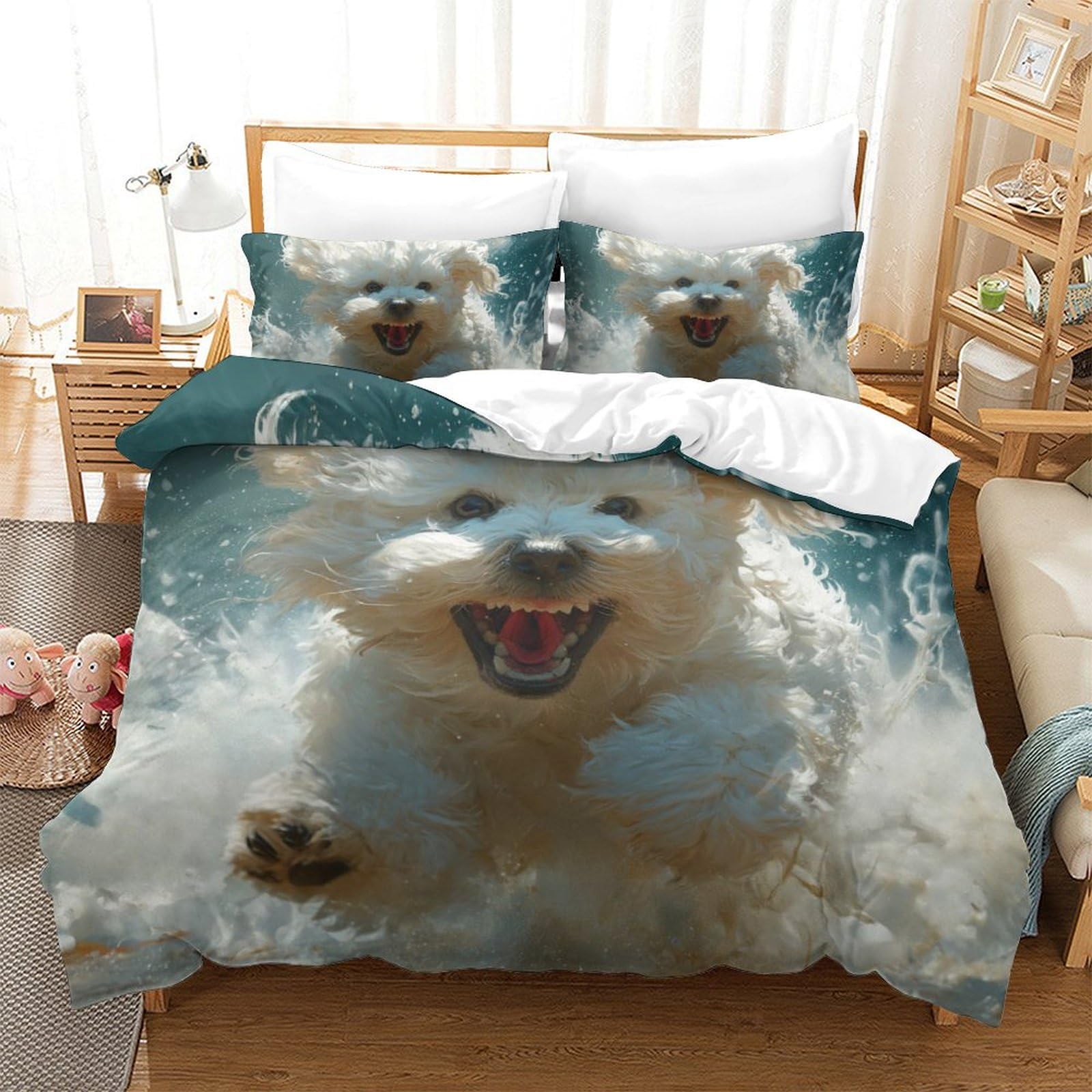 Housse de couette chien 3D en microfibre King 220x240cm avec ses deux taies d'oreiller