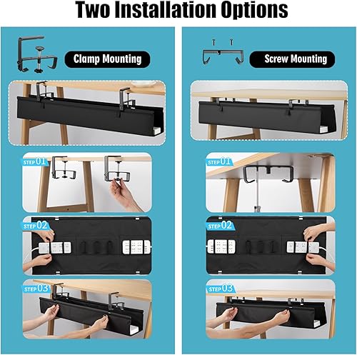 Miniatura 2 de Bandeja de organización de cables de tela Oxford para debajo del escritorio, organizador de cables de escritorio de 36 pulgadas con instalación de