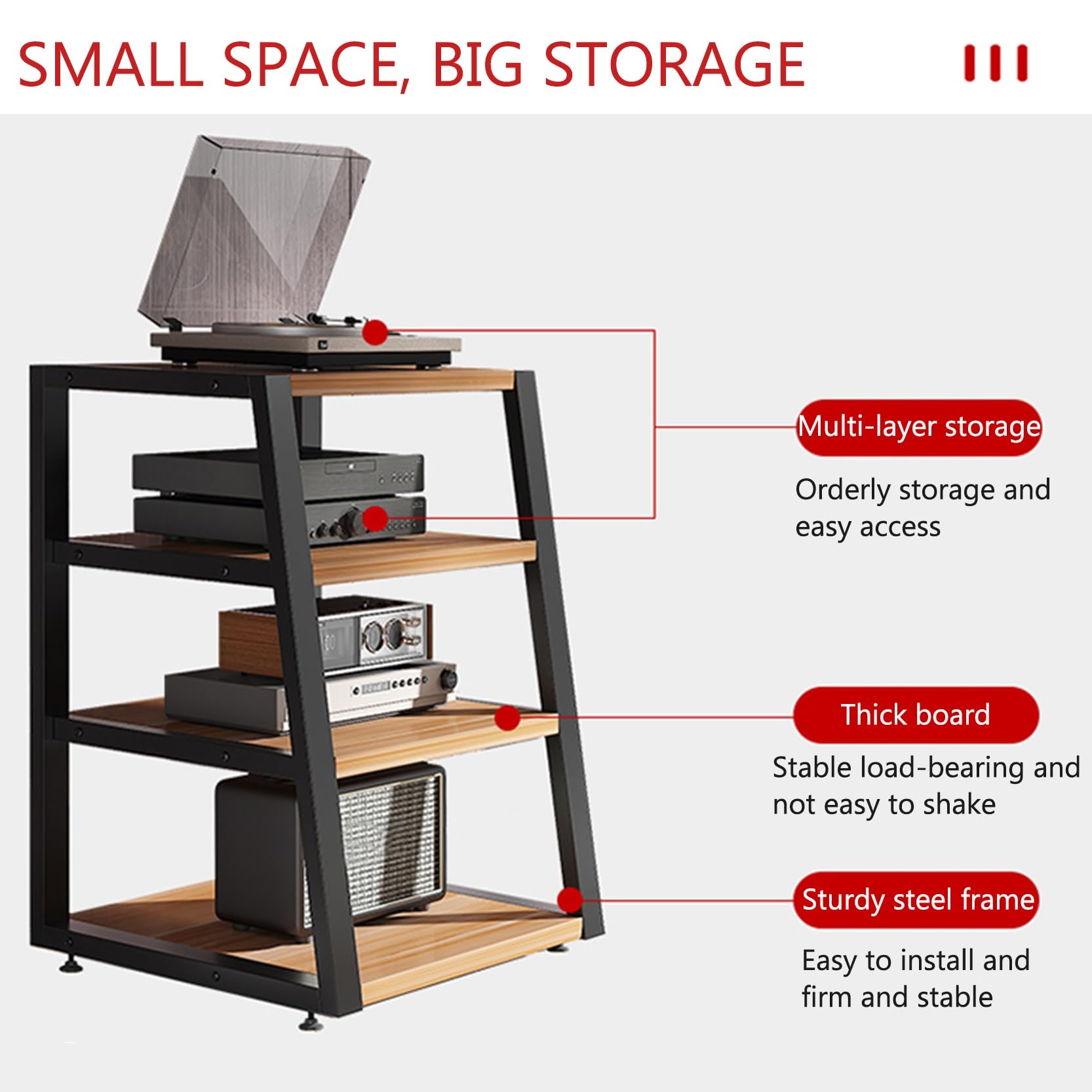 Mobile Ste Rac, MaTower, Rack AV a 2/3/4 Ripiani, Rack per Videogiochi, Porta Dvd, Porta TV, con ripiano angolare, Adatto per Soggiorno, Studio di Registrazione (Teak, 60x52x60cm)