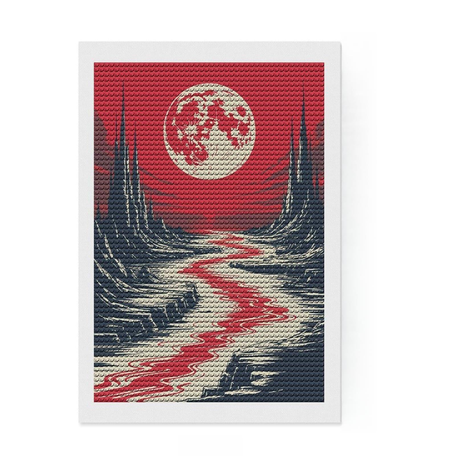 Junmoney Red Moon Fantasy Landscape DIY Diamond Art Canvas Kit 8"x12", Easy to Enjoy, Adhesive Canvas, Aesthetic Room Decor, Thoughtful Handmade Gift