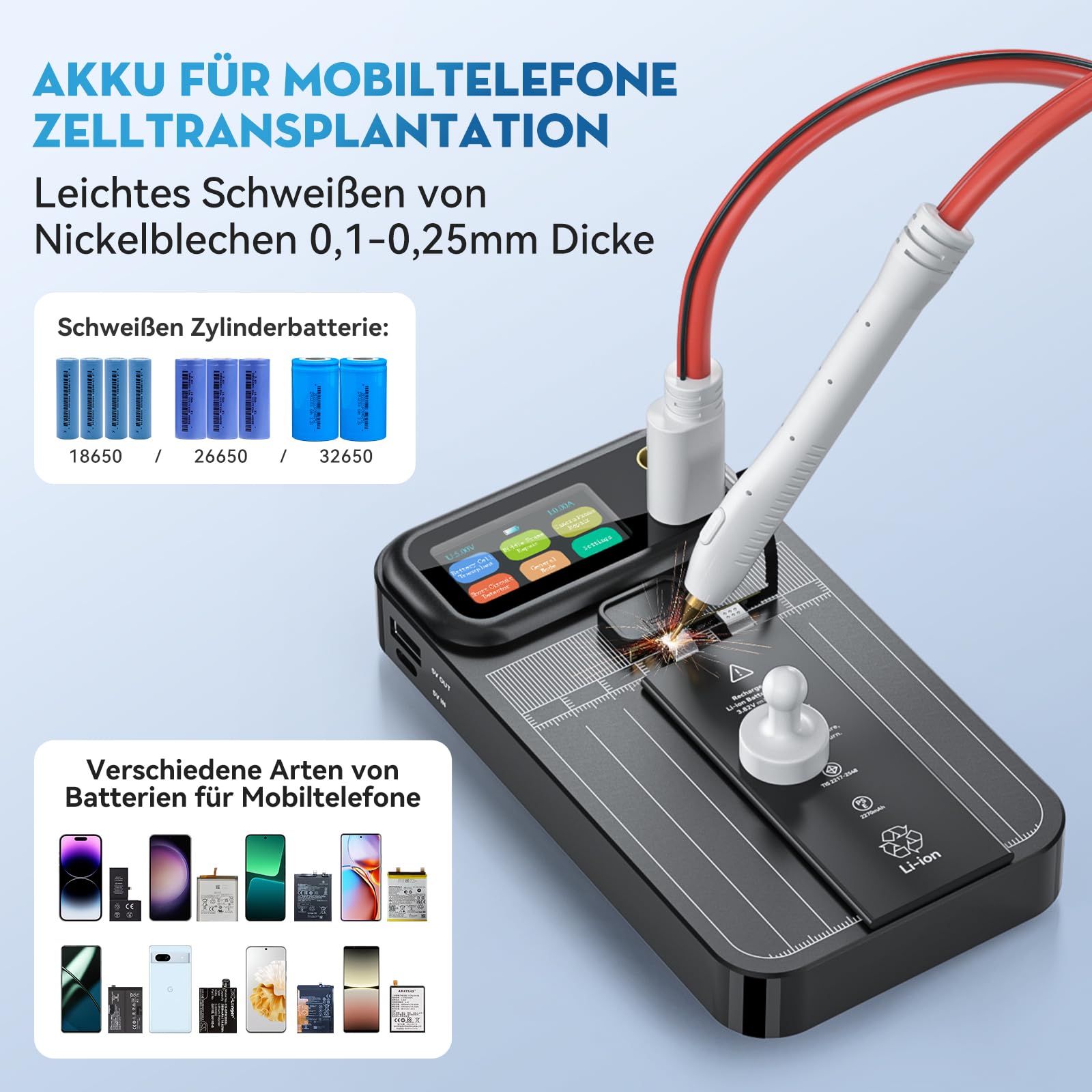 Akku-Punktschweißgerät, Tragbares Punktschweißgerät mit Doppelimpuls und 99 Zahnrädern für Eisen/Edelstahl/Nickelband /18650 Akku-Pack, einstellbare Punktschweißung 0.1MM-0.25MM