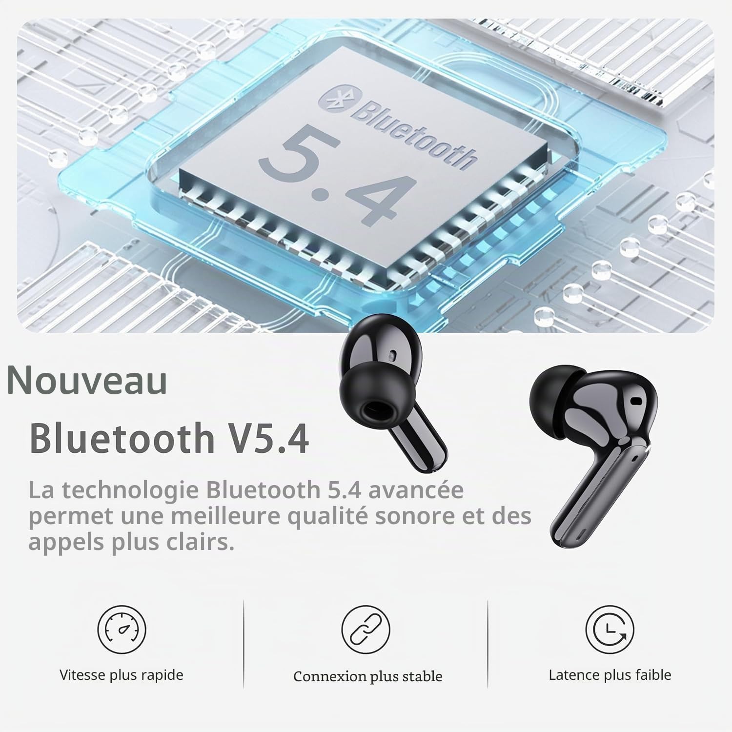 Ecouteurs Bluetooth sans Fil, Écouteurs Bluetooth 5.4 avec 4 Réduction Antibruit Mic, Casque Bluetooth 40H HiFI Son Stéréo, Durée de Lecture, IP7 Étanche, Contrôle Tactile, Oreillette pour Android iOS