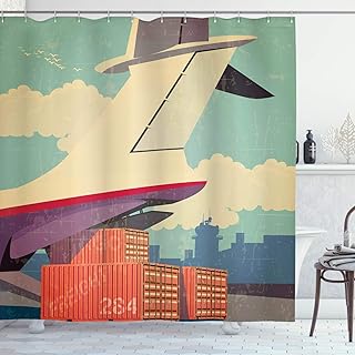 Ambesonne Airport Shower Curtain, Cute Colorful Grunge Vintage Design Illustration of Air Cargo Plane and Containers, Cloth Fabric Bathroom Decor Set with Hooks, 69" W x 75" L, Multicolor