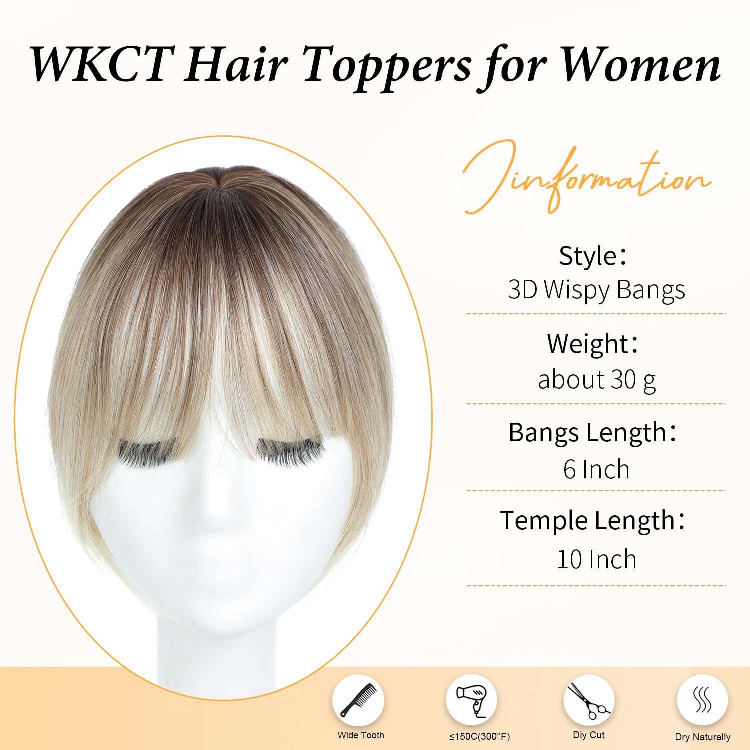 WKCT Hair Topper with Bangs Clip, 360° 3D Cover Hair Toppers for Women with Thinning Hairs, 10 Inch Straight Clip in Bangs Hairs Piece for Women Daily Wear (RT6/27/613#-Ombre Light Brown to Blonde)