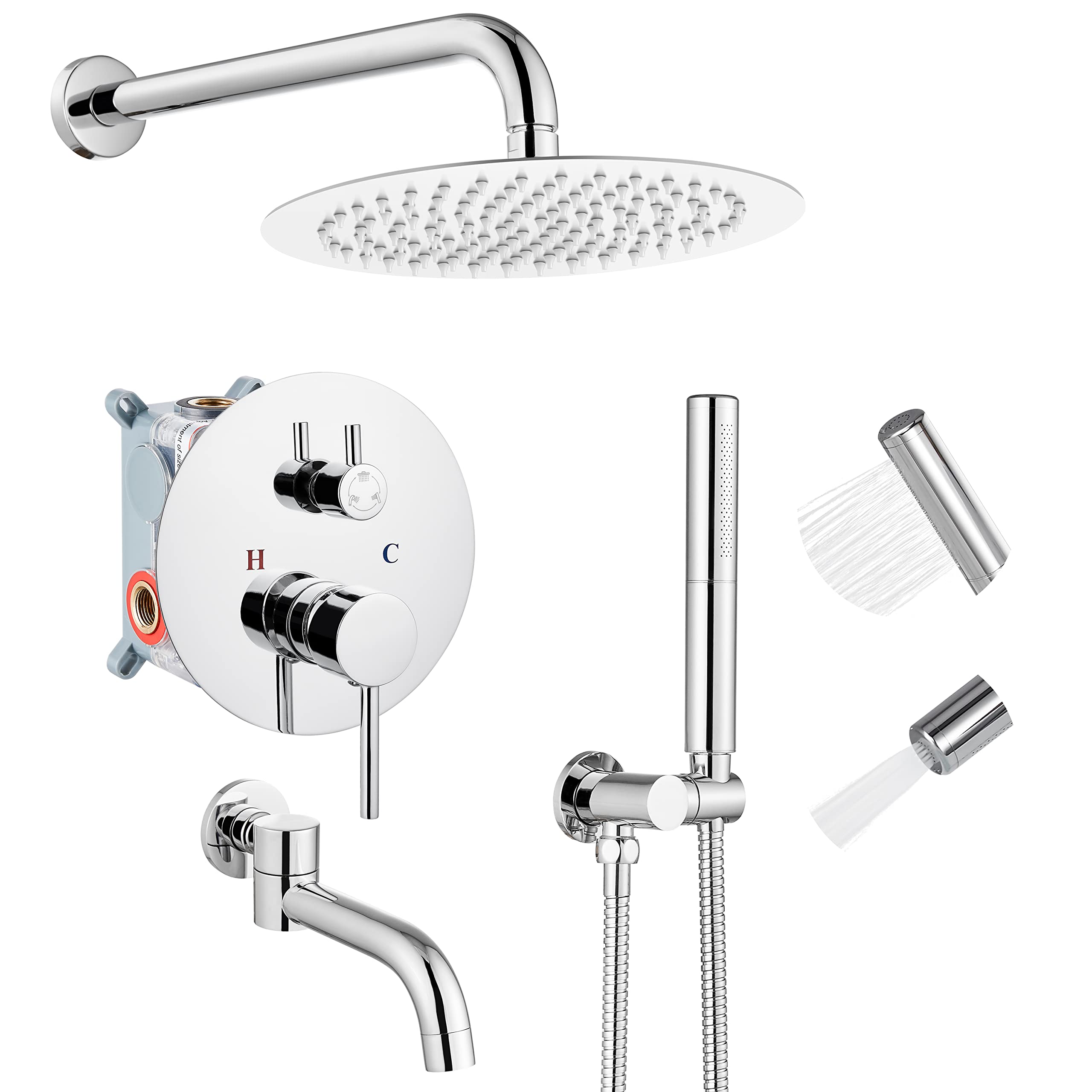 Airuida Chrome Polish Shower System with Tub Spout, Wall Mount 3 Function Tub and Shower Faucet Combo, 10 Inch Round Shower Head with 2 Functions Handheld and Rotatable Tub Spout Shower Combo Set