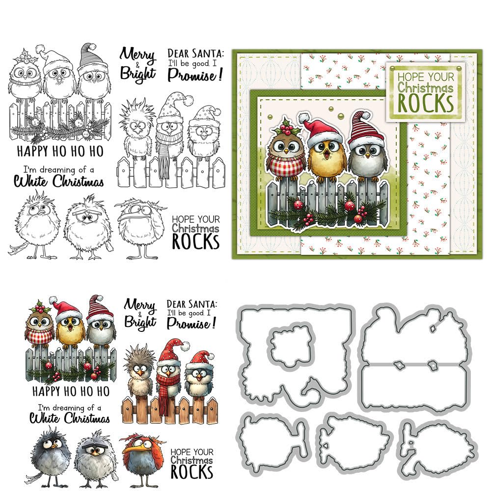 Christmas Bird Stamps and Die Cuts for Card Making Santa Hat Transparent Silicone Clear Stamp and Metal Cutting Dies Sets for DIY Scrapbooking Paper Crafting Seals Decorative Supplies