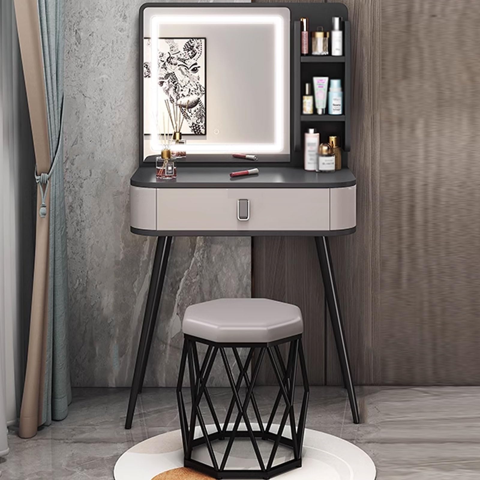 Toeletta Trucco Piccola con Sgabello, con Specchio Per Il Trucco Intelligente, Cassetti e Sgabelli di Grande Capacità, Eleganti e Semplici, Facili da Installare, Disponibili In Più Dimensioni ( Color