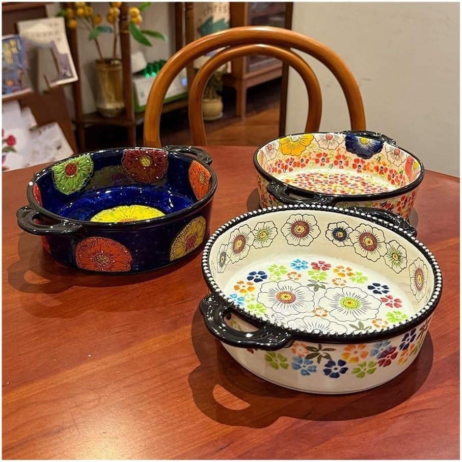 Casserole Dish 880ML Multifunctional Oven Casserole Ceramic Baking Pan Round Double Ear Vintage