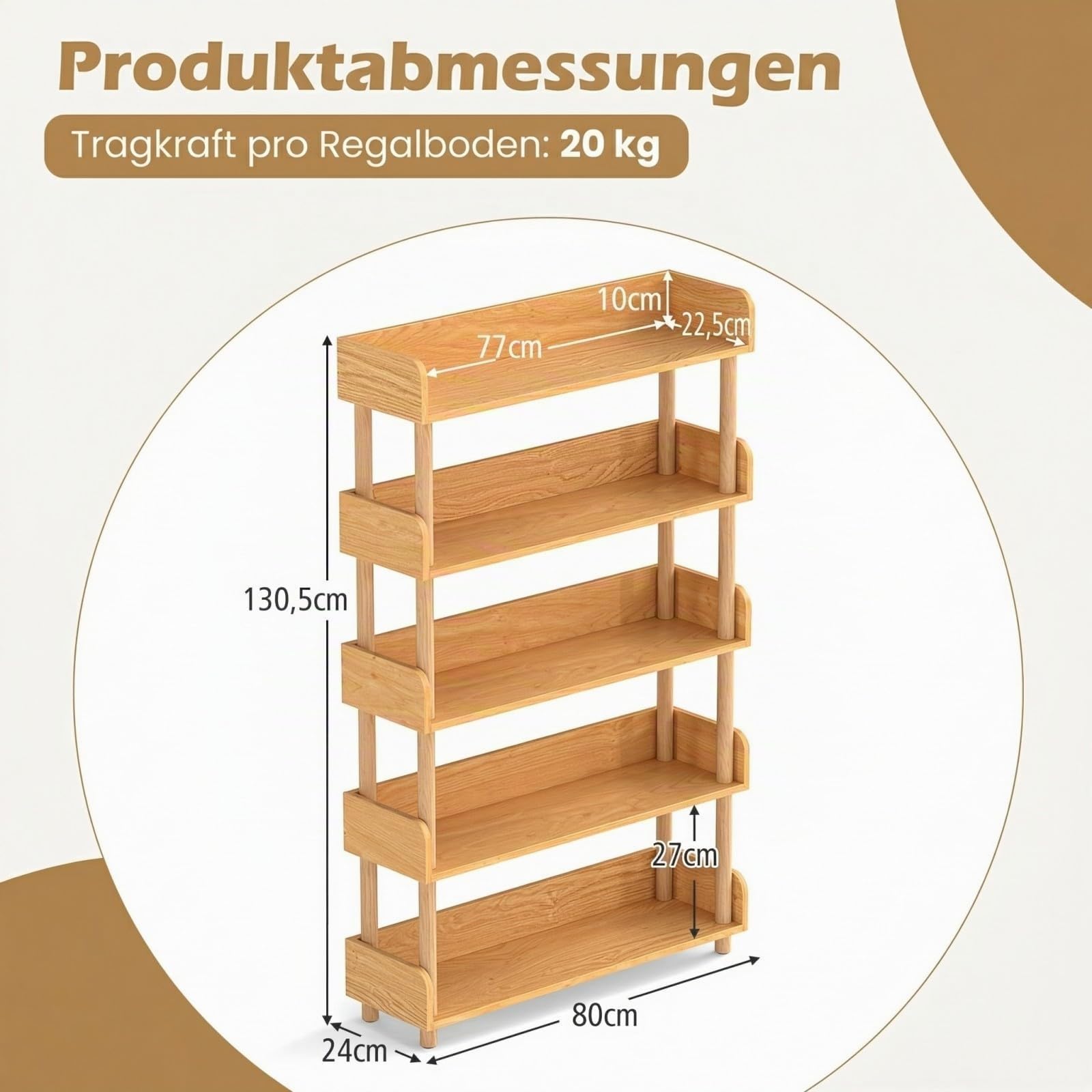 COSTWAY Eckregal mit 5 offene Ebene, freistehendes Bücherregal mit Holzrahmen & Oberkante, Holz Standregal, Lagerregal, Aufbewahrungsregal für Wohnzimmer, Schlafzimmer, Kinderzimmer, 80x24x130,5 cm
