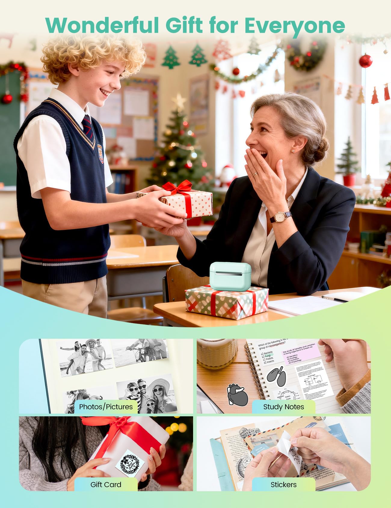 Memoking Mini Impresora térmica portátil con 3 Rollos de Papel Adhesivo, Q02E Bluetooth Impresora de Pegatinas para Estudiantes, para Notas de Estudio, Fotos, creación, anatómicos, Regalo (Verde)