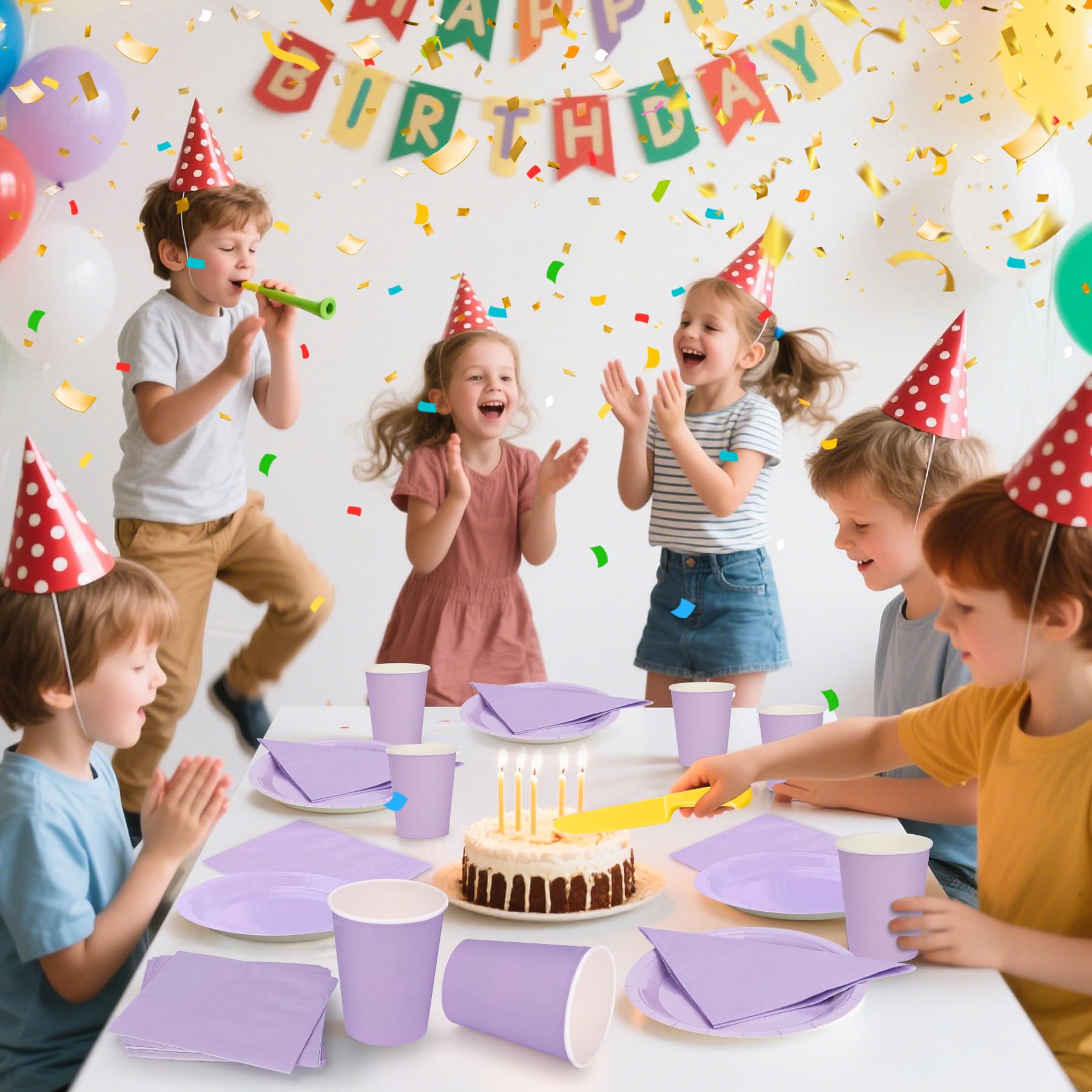 56 Pezzi Stoviglie per Feste Viola, Piatto Tazze e Tovaglioli di Carta per 16 Ospiti, Set di Stoviglie per Compleanno Matrimonio Baby Shower Decorazioni per Tavola