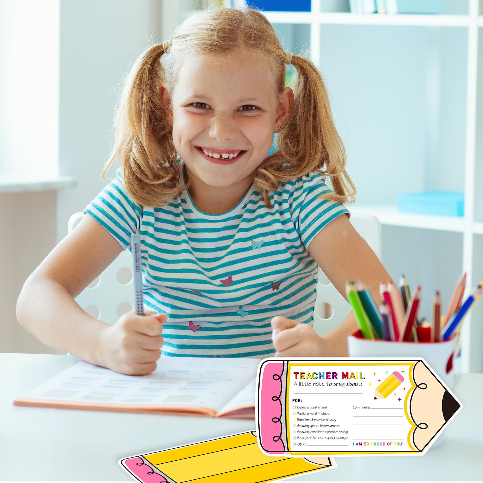 FYSUIMU 50 tarjetas motivacionales con forma de lápiz, de profesor a estudiantes, para el aula, buen comportamiento, postal positiva para enviar a casa para preescolar, jardín de infantes, primaria