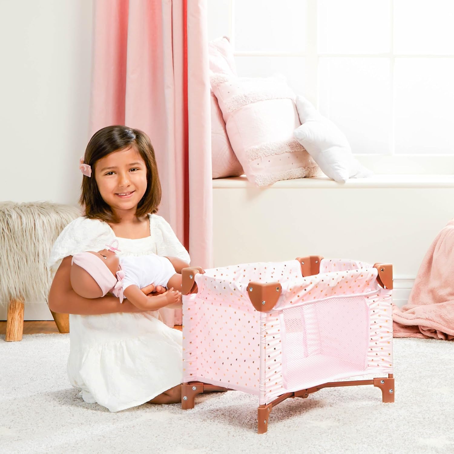 LullaBaby – Folding Playpen – Pink Crib – Star – Print Design – 14-Inch Baby Doll Nursery Accessory – Pretend Play – Kids Ages 2 & Up - Playpen