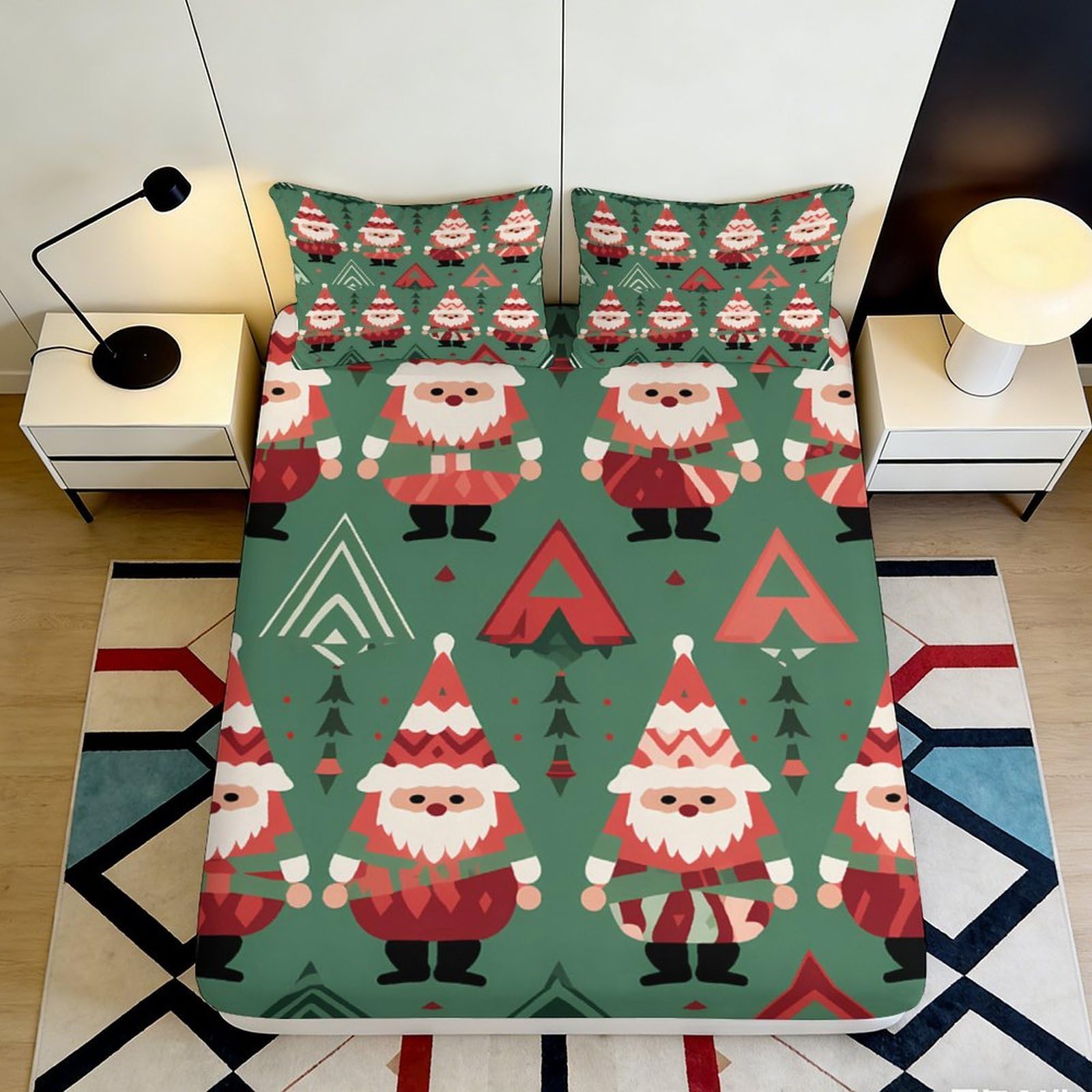 3D Printed Christmas Santa Fitted Sheet Microfiber Soft Breathable Christmas Tree Bed Cover for Bedroom Guest Room Decor 90x200x25cm