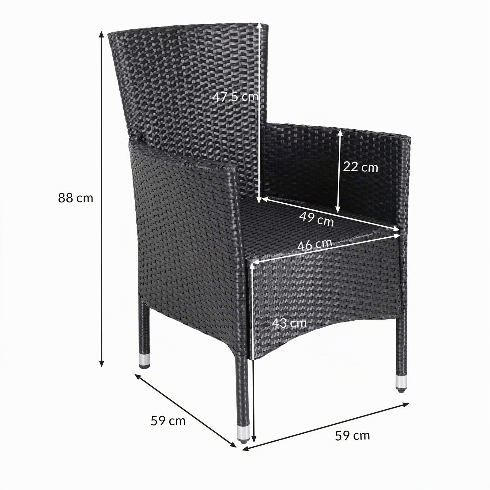Casaria Set de 2 chaises de Jardin en polyrotin 88 x 59 x 59 cm Noir Fauteuils avec Coussins 7 cm Mobilier de Jardin extérieur