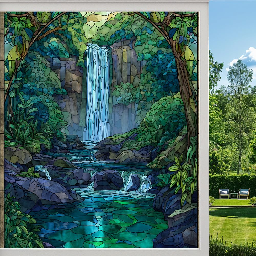 Forest Waterfall Stained Glass Window Film, Colorful Canyon River Peel and Stick Privacy Film, Frosted Adhesive Vinyl Decorative for Bathroom Windows Glass Doors, （90x140cm）