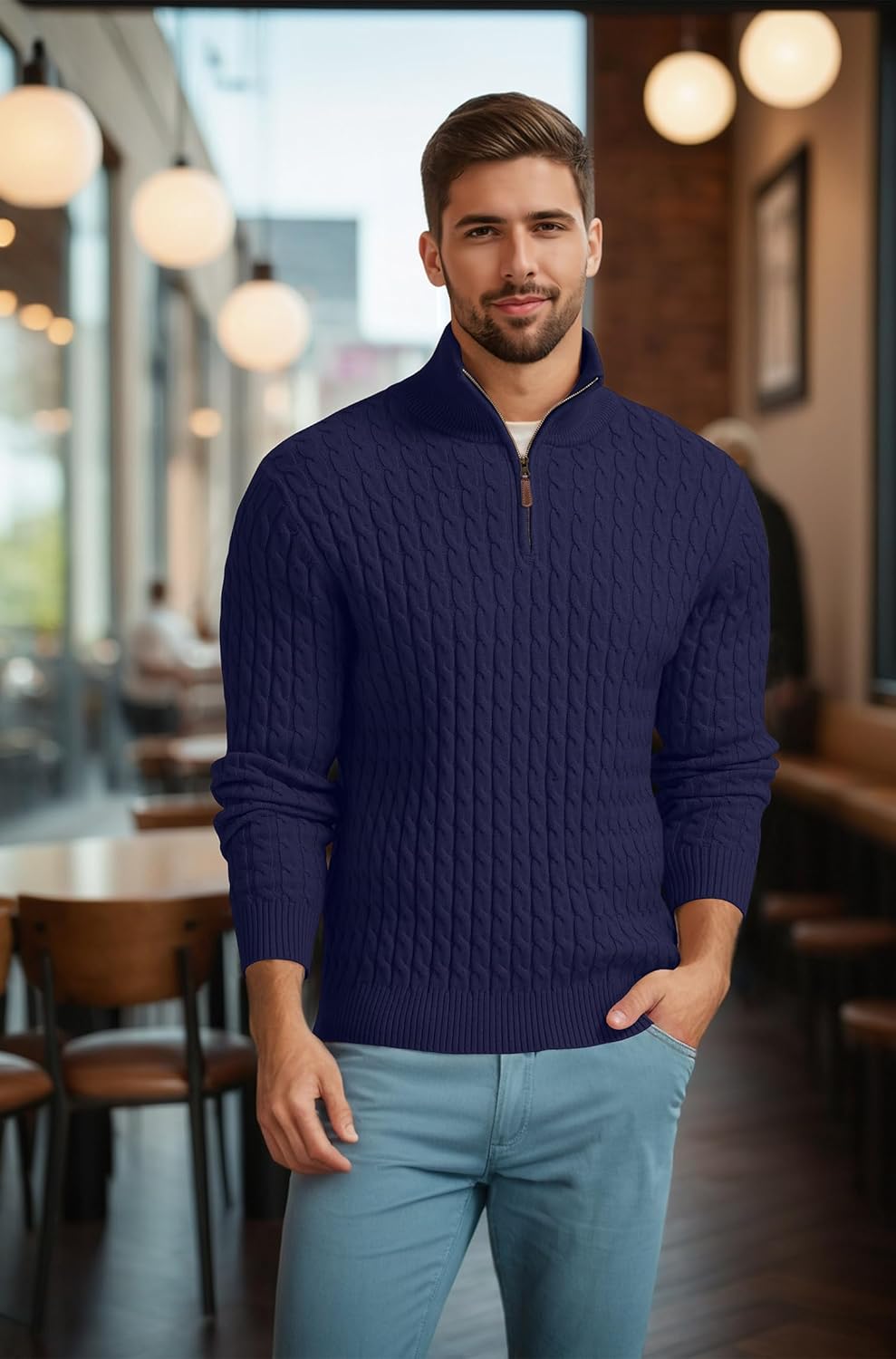 Askdeer Men's Cable Knit Sweater Quarter Zip Sweater Mock Neck Polo Sweater Casual Pullover Sweater with Ribbing Edge - Image 2