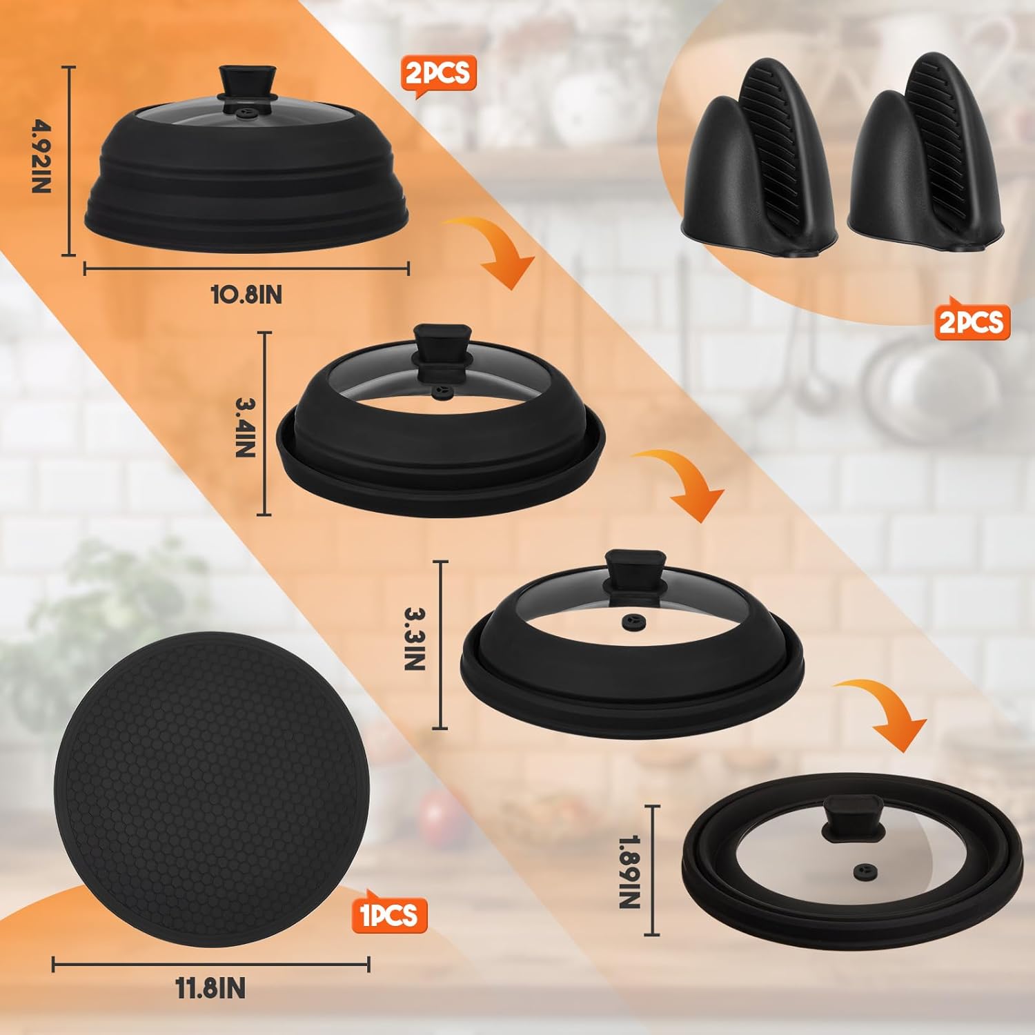 5 Pcs 10.8 Inch Microwave Splatter Cover Collapsible Microwave Cover for Food with Silicone Round Kitchen Mat and Silicone Grip Handle Set for Prevents Splatters & Ensures Even Heating