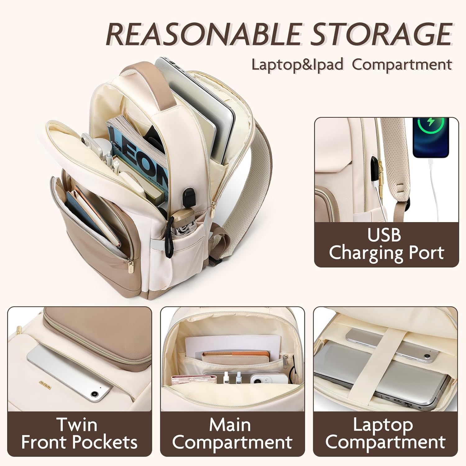 VNINE Laptop Backpack for Women - 15.6 Inch Computer Work Bag with USB Port Waterproof Backpack Purse Fashion Travel Backpack for College Daypack Business Travel Teacher, Beige - Image 3