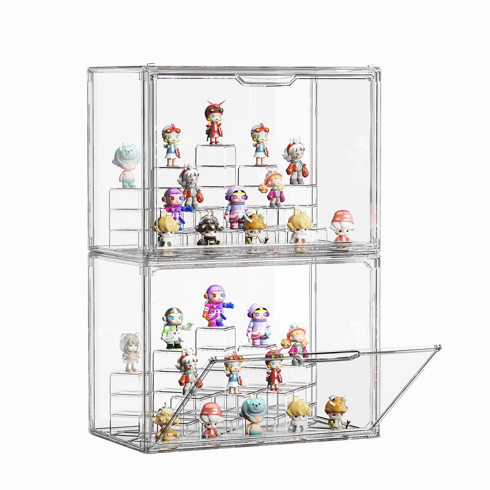 JOYZAN Acrylic Display Case 2 Pack Display Boxes for Collectibles, Figure Display Case with Magnetic Door, Stackable Clear Box with Moveable Cylindrical Modules for Popmart, Funko, Doll