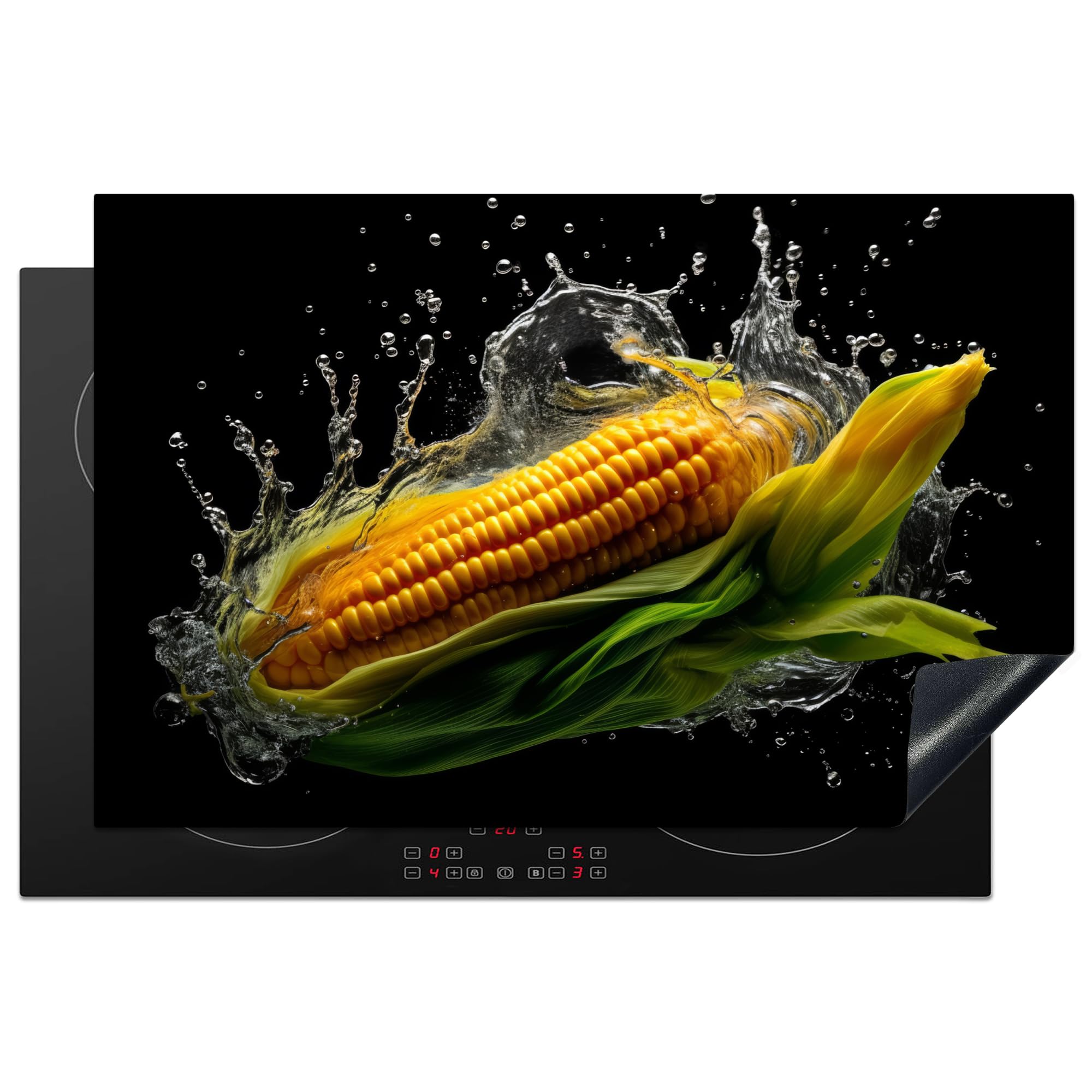 KitchenYeah© Herdabdeckplatte Einteilig Induktionsmatte Küche Abdeckung Ceranfeld Herd Abdeckplatte Deko Vinyl Matte Aufrollbar Mais - Gemüse - Schwarz - Wasser - 81.6x52.7 cm