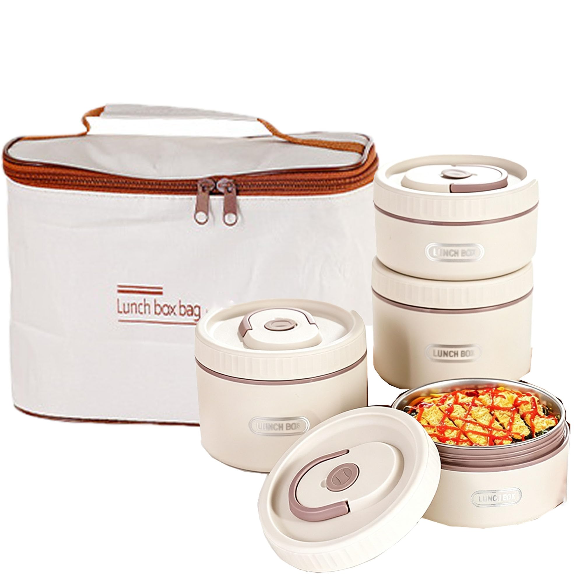Stapelbare Bento Lunchbox, tragbarer isolierter Lunchbehälter, mikrowellengeeigneter Behälter für warme Speisen, auslaufsicherer Thermobehälter für Picknicks, Arbeit, Reisen,Beige-4 pcs
