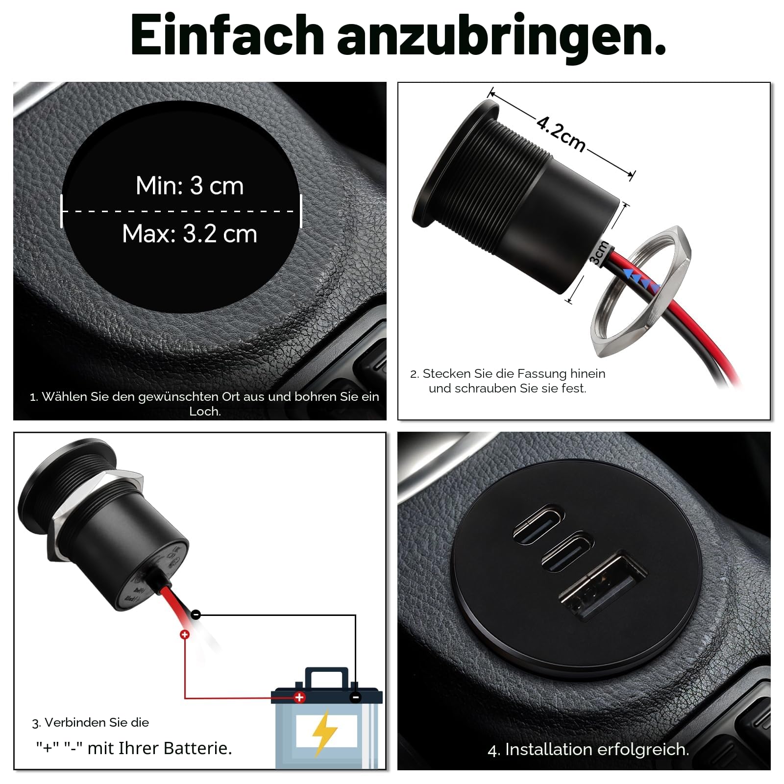 acegoo USB C Steckdose 12V Aluminium, Dual Typ C PD3.0 20W & QC3.0 18W, KFZ 12 Volt Buchse Dose Einbau Adapter für Wohnmobil Camper Auto Boot LKW Wohnwagen Jacht, 2 Stück