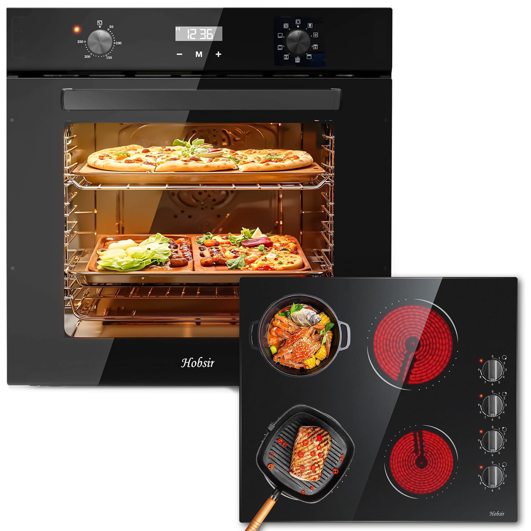 Hobsir Einbau-Backofenset mit Glaskeramikkochfeld: 60L Backofen mit 9 Heizmodi & Umluft + 60cm Kochfeld 6000W, 4 Zonen & Drehregler