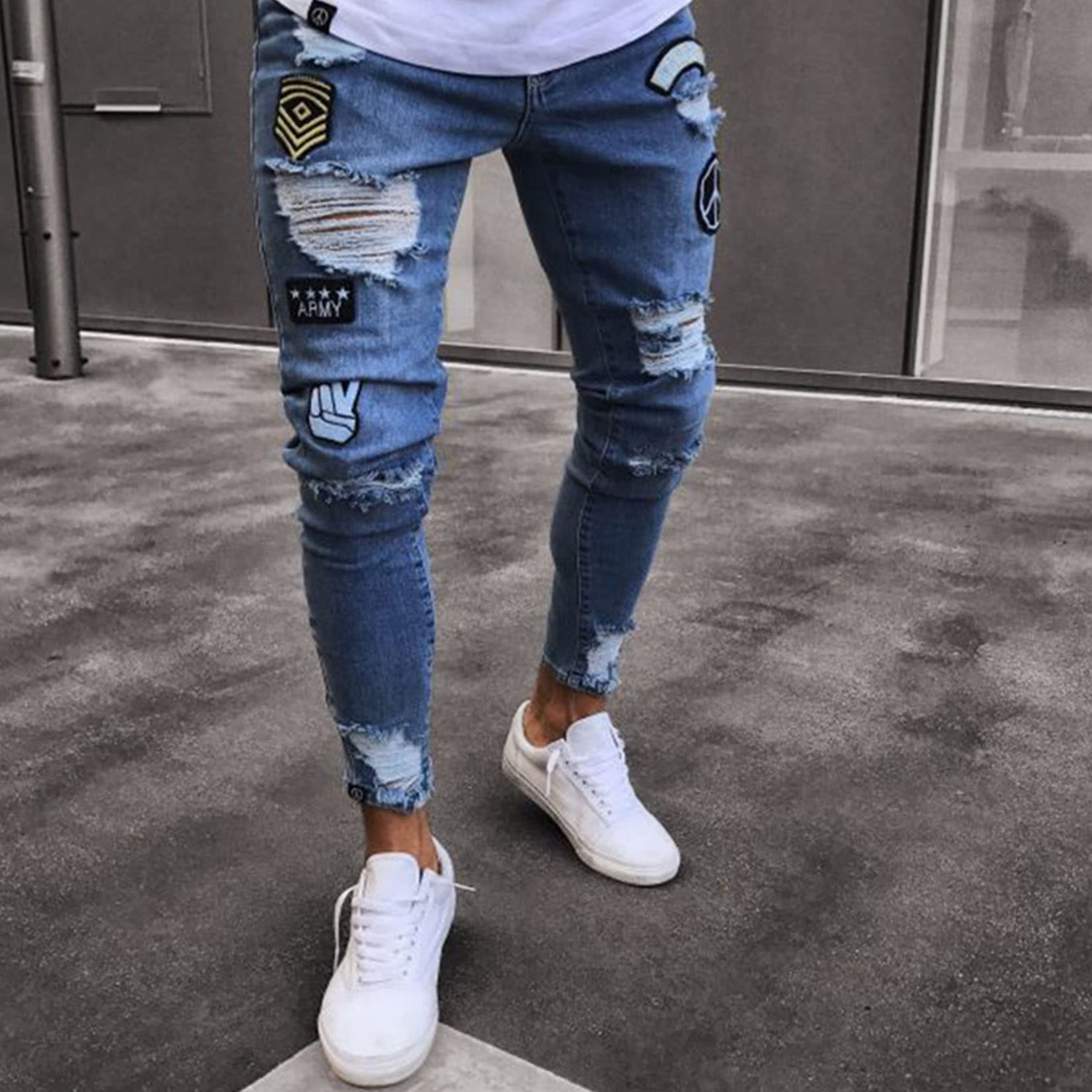 Jeans Pantaloncini Corti Da Uomo Con Strappi E Patch – Slim Fit, Vita Media, Elasticizzati