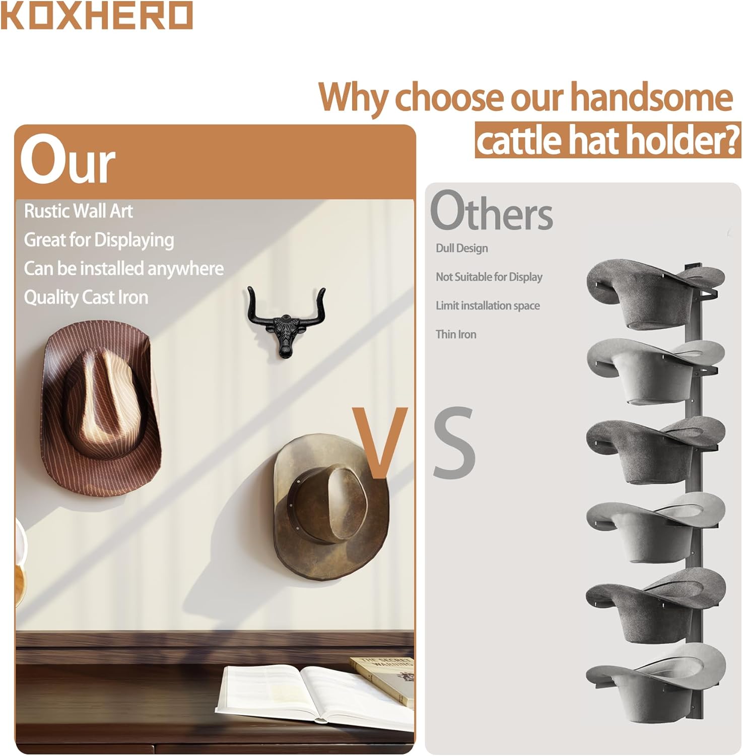 Cowboy Hat Holder 8Pcs Western Bull Hat Hook Display Rack Cute Cowgirl Hat Hanger Organizer Boho Cap Holder Decor for Home Bedroom Wall,Entryway, Trunk,Cloest Ranch Cabin