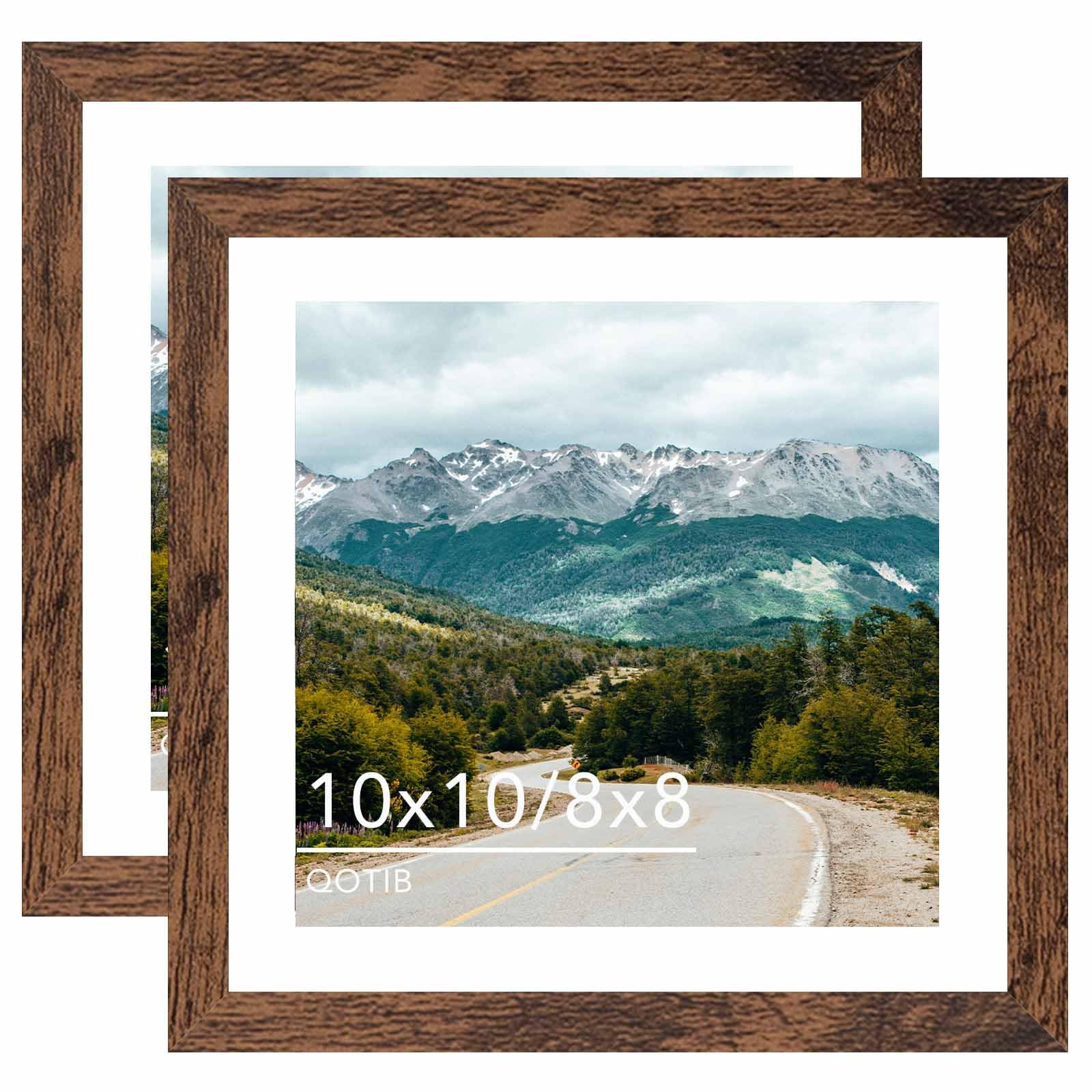 QOTIB Wood 10x10 Picture Frame with 8x8 Mat, Display 8x8 with Mat or 10x10 Without Mat, Wood 10 by 10 Photo Frame, 10 x 10 Frame for Wall Hanging Display, Deep Brown, 2 Pack