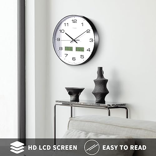 Miniatura 7 de Reloj de pared, esfera grande de 14 pulgadas, silencioso, funciona con pilas, analógico con pantalla LCD dual para temperatura y humedad