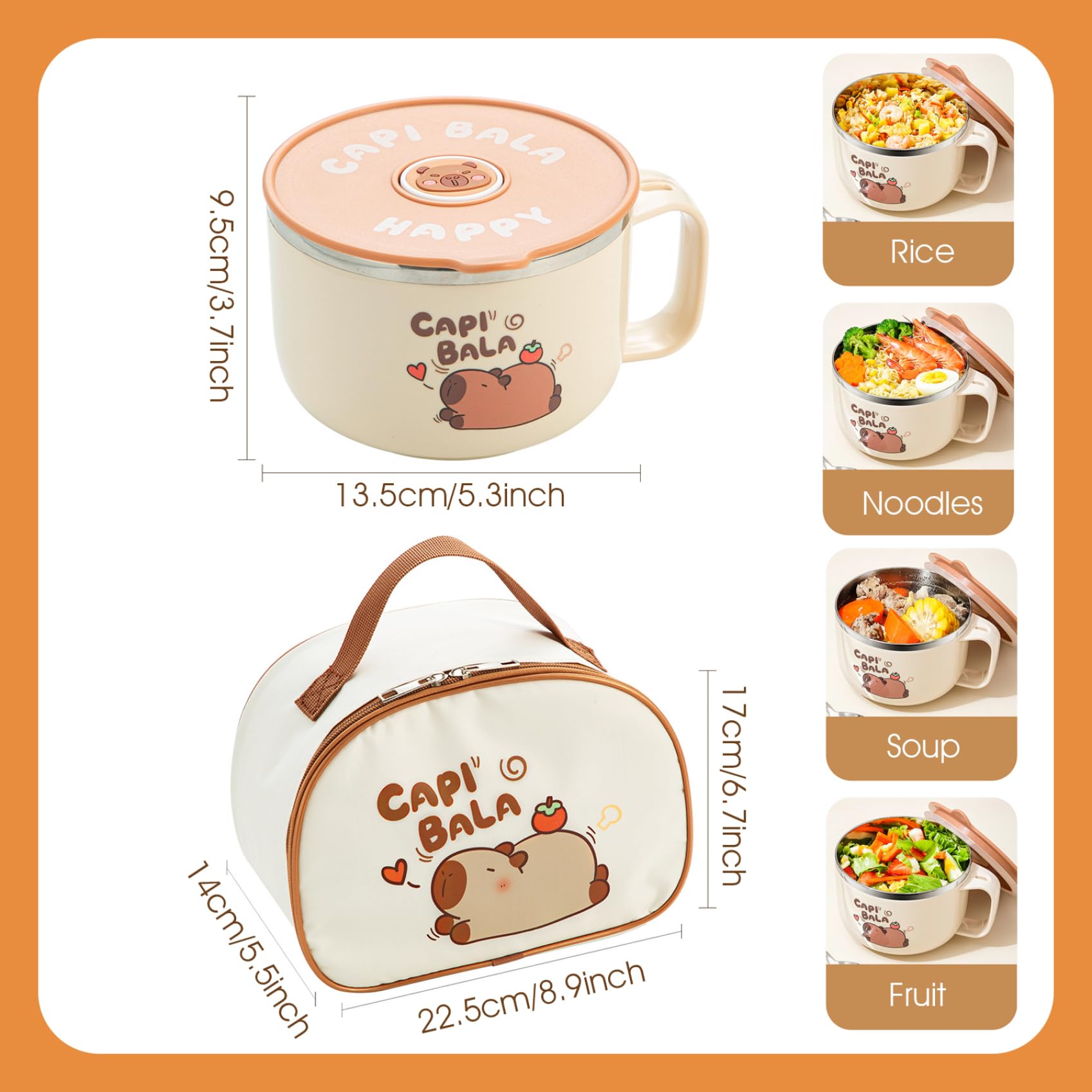 Ramen-Schüssel, mikrowellengeeignet, 800 ml, Capybara-Edelstahl-Suppenschüssel mit Deckel, Tasche und Geschirr, tragbarer Ramen-Kocher für Nudeln, Knödel, Salate, Instant-Nudeln