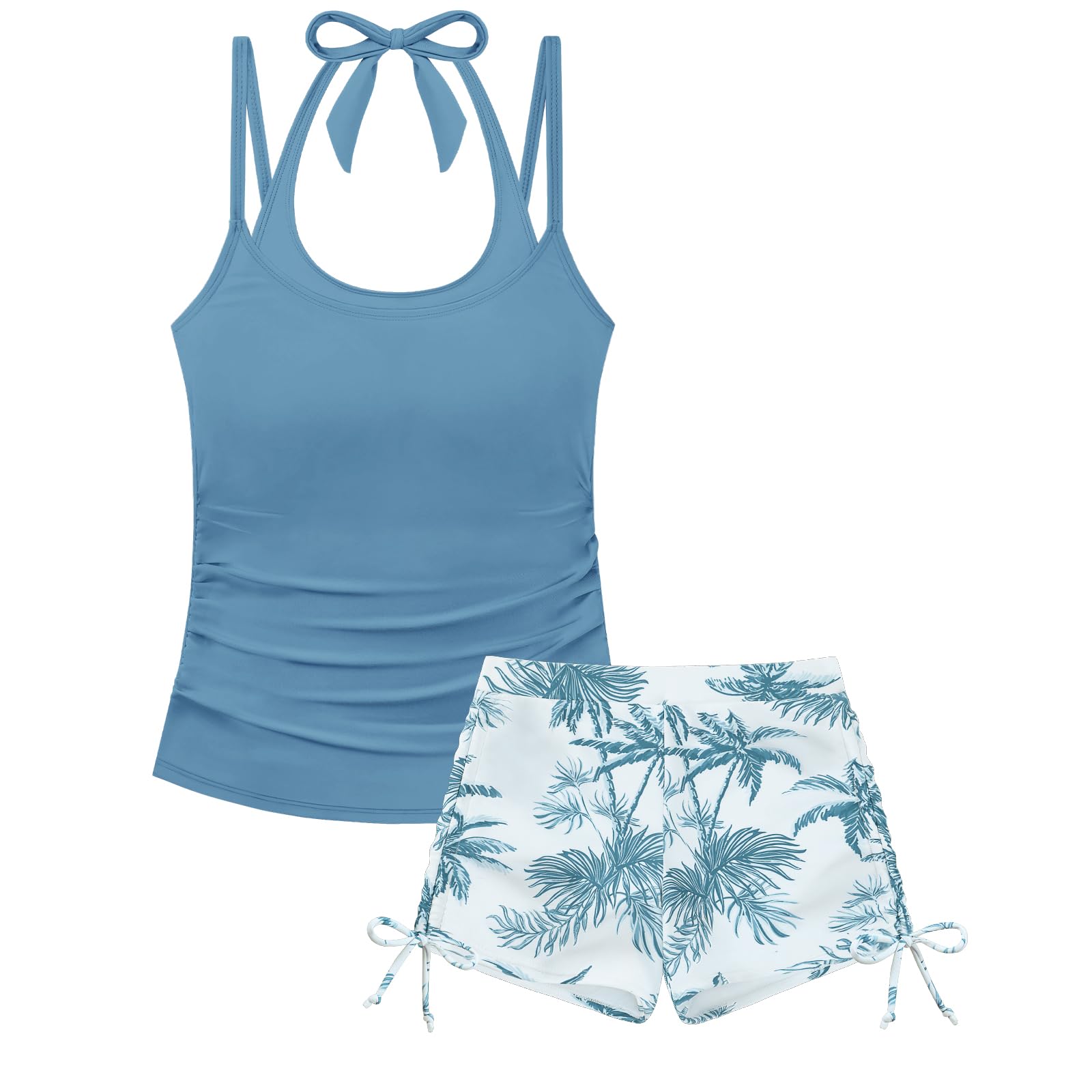 Costume da bagno per ragazze, 2 pezzi, con allacciatura al collo, tankini increspato, costume da bagno con stampa tropicale, pantaloncini da bagno per ragazze adolescenti 9-16 anni