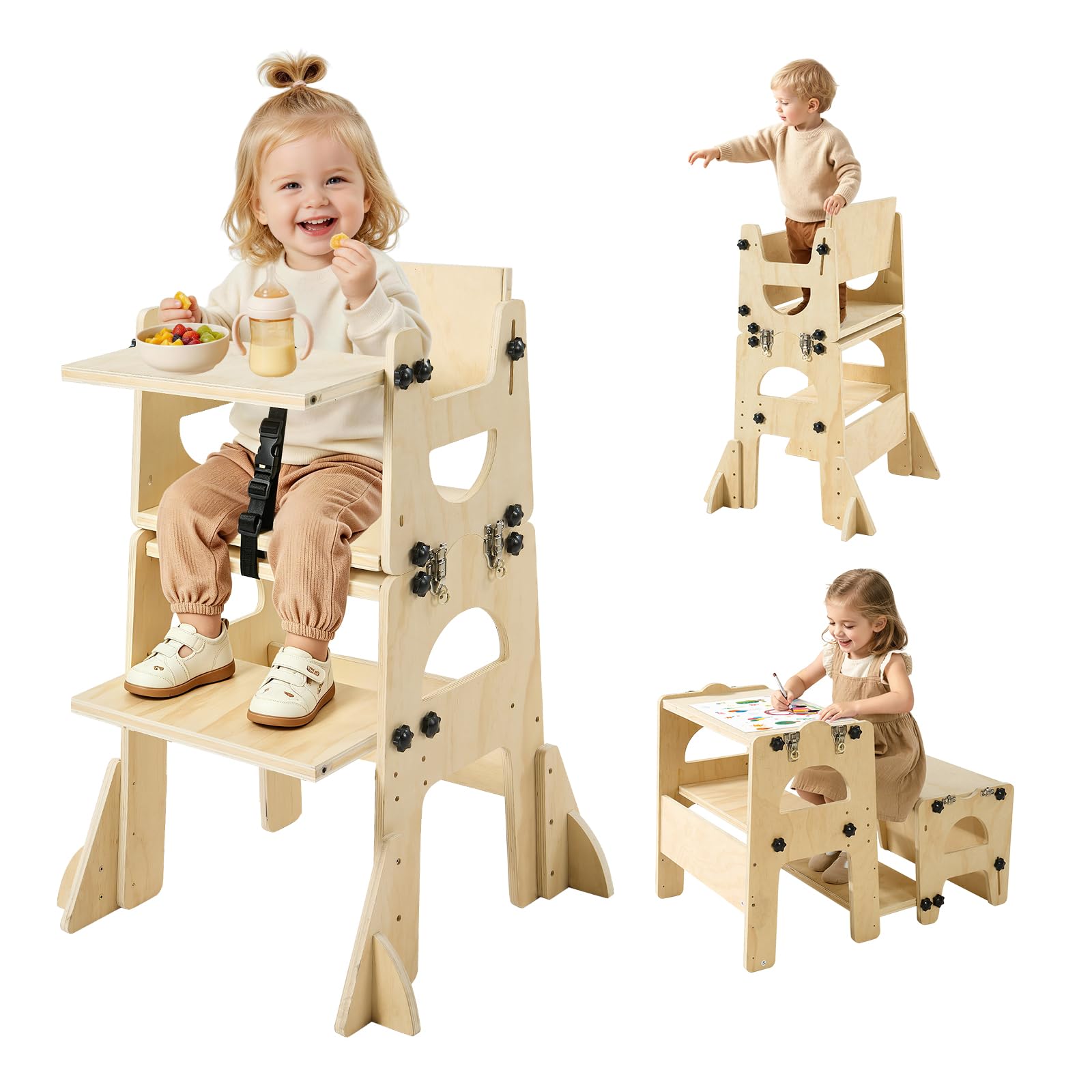 VEVOR Torre de Aprendizaje Montessori Plegable para Niños Multifuncional | Torre Ayudante de Cocina Infantil, Juego de Mesa y Silla Convertible para Bebés de Madera, para Destete Comer Jugar Dibujar