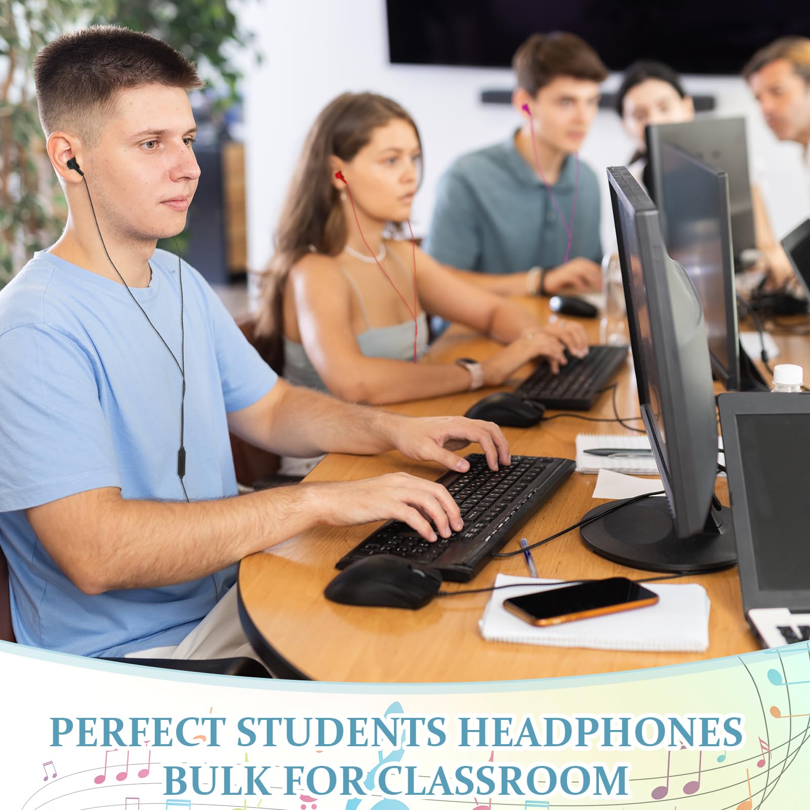 Xinnun Confezione da 50 auricolari con microfono, per studenti, con cavo, con spina da 3,5 mm, per bambini e adulti, scuola, biblioteca, museo, viaggi, aereo, tablet (classici, multicolori)