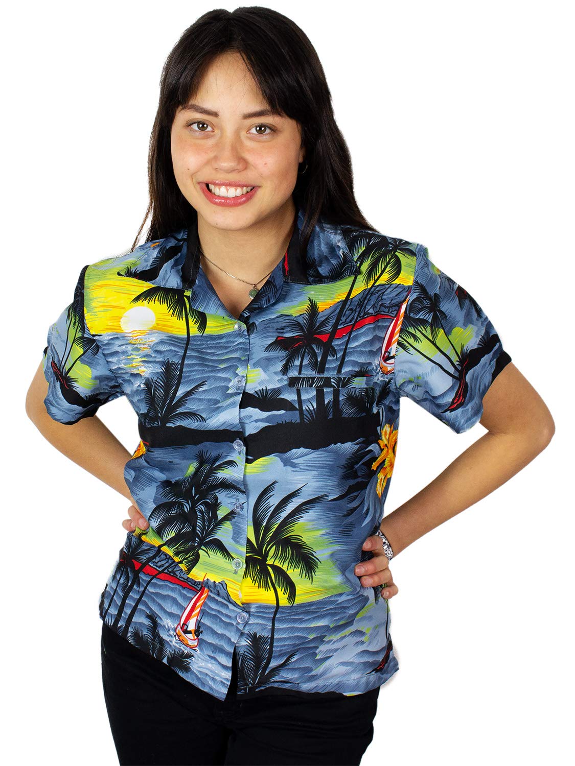 King Kameha Women's Surf Grey Funky Hawaiian Blouse Shirt, Shortsleeve, Surf, Grey, M