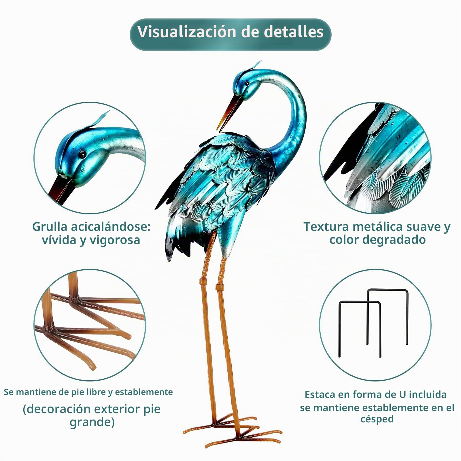 chisheen Estatua de Grulla de Metal para Jardín - Escultura de Garza Azul, Arte para Patio Exterior, Señuelo Grande de Garza, Adornos de Pájaros