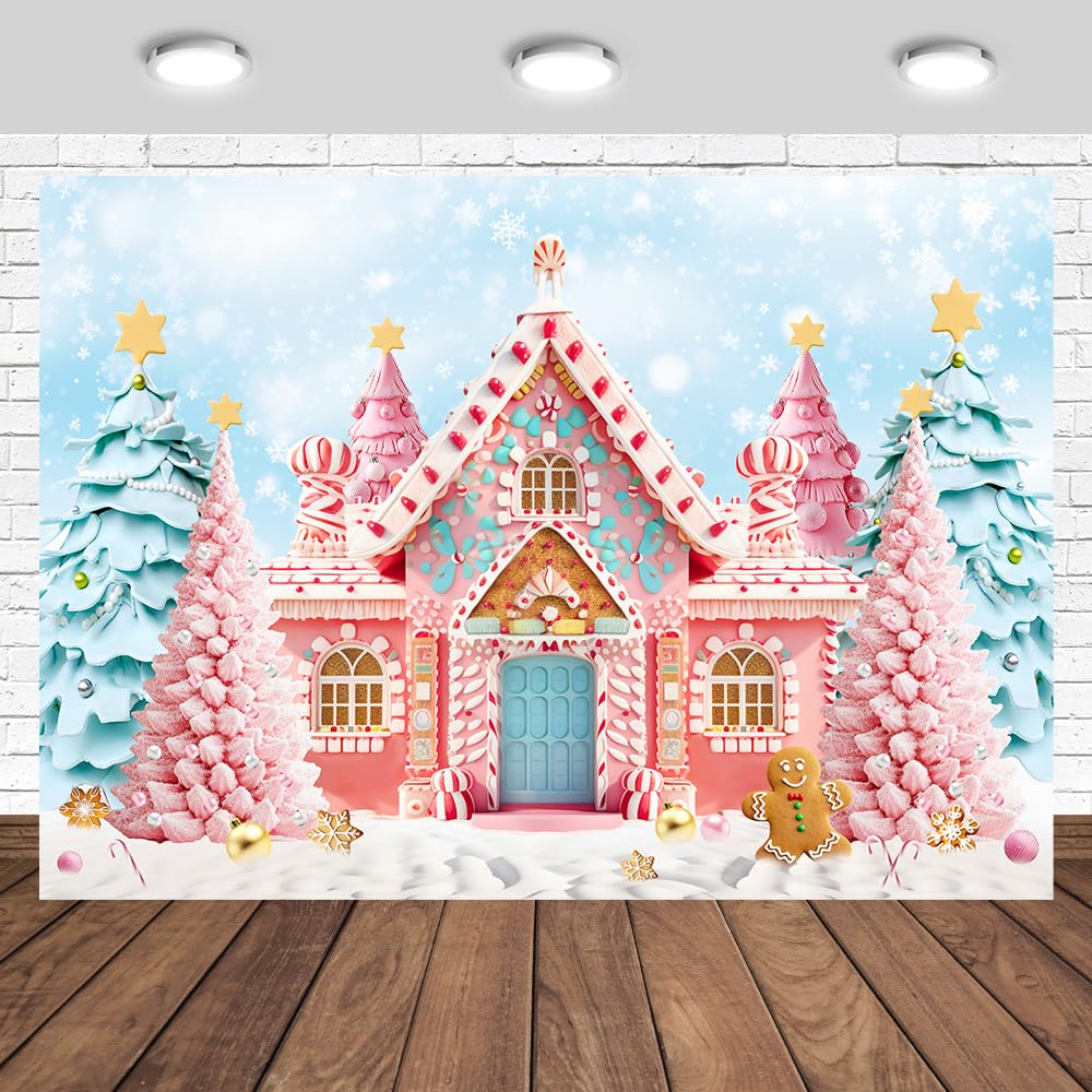 Tcoyodw Christmas Pink Cartoon Gingerbread House Backdrop 7x5ft Winter Snowflake Merry Pink Xmas Tree Photography Background Gingerbread Man Santa