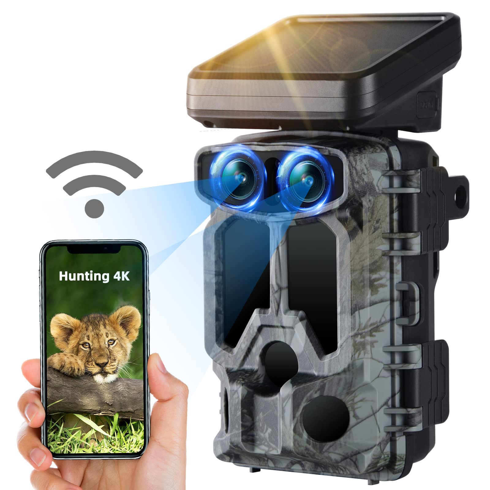 VOOPEAK Solar Powered WiFi Wildlife Camera, 4K 30FPS 60MP Trail Camera with Starlight Night Vision Dual Lens Activated IP66 Waterproof,0.1S Trigger Built-in Lithium Battery Rechargeable for Monitoring
