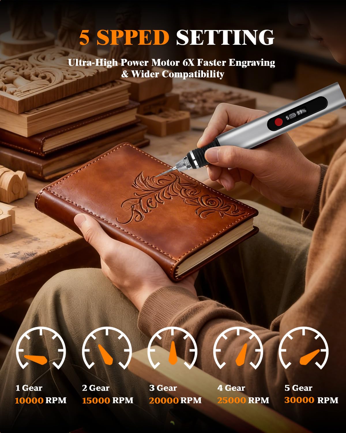Stylo de gravure sans fil pour métal, bois, verre, plastique, outil de gravure 44 kits, 5 vitesses jusqu'à 30 000 tr/min, 500 mAh rechargeable par USB, kit de graveur rechargeable par USB, cadeaux