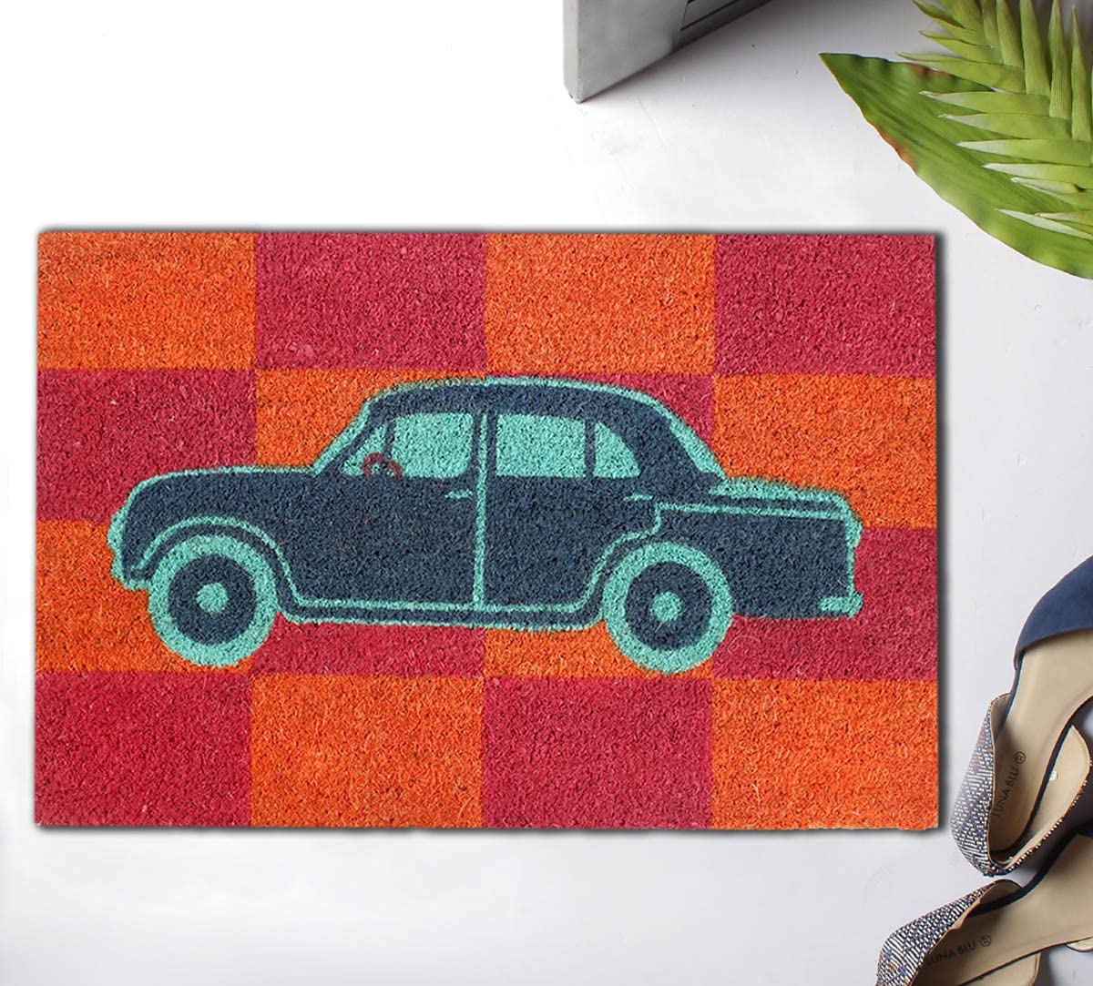 India Circus by Krsnaa Mehta Vintage on Wheels Design Printed Rectangular Coir Doormat with Heavy Duty PVC Backing, 60 cm x 40 cm, Multicolour