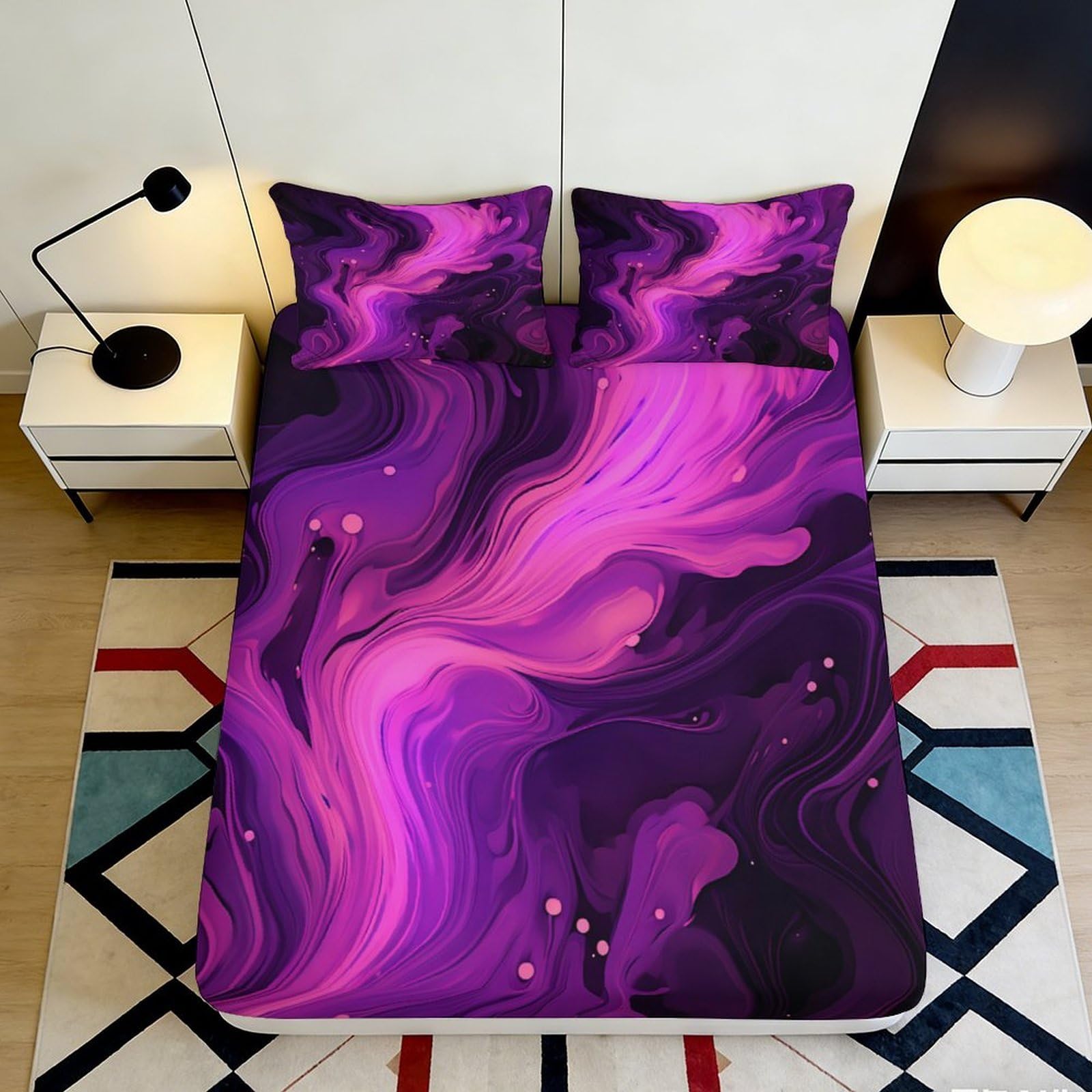 3D Printed Purple Swirl Fitted Sheet Microfiber Soft Breathable Abstract Flow Mattress Cover for Bedroom Dorm Decor Protection 140x200x25cm